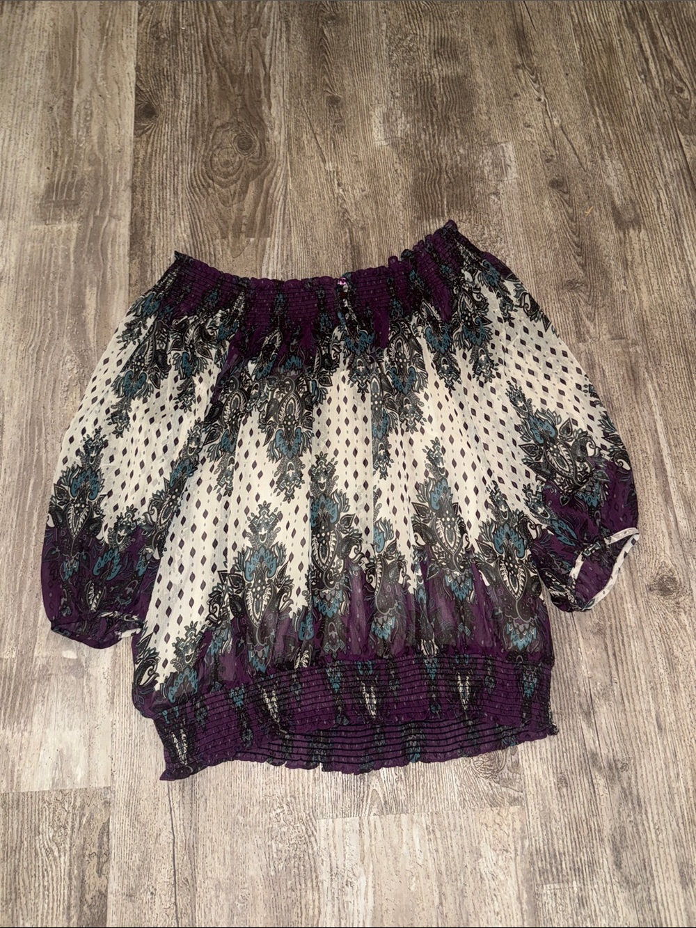 JohnPaulRichard Off-Shoulder Tunic in Purple, Cream and Teal